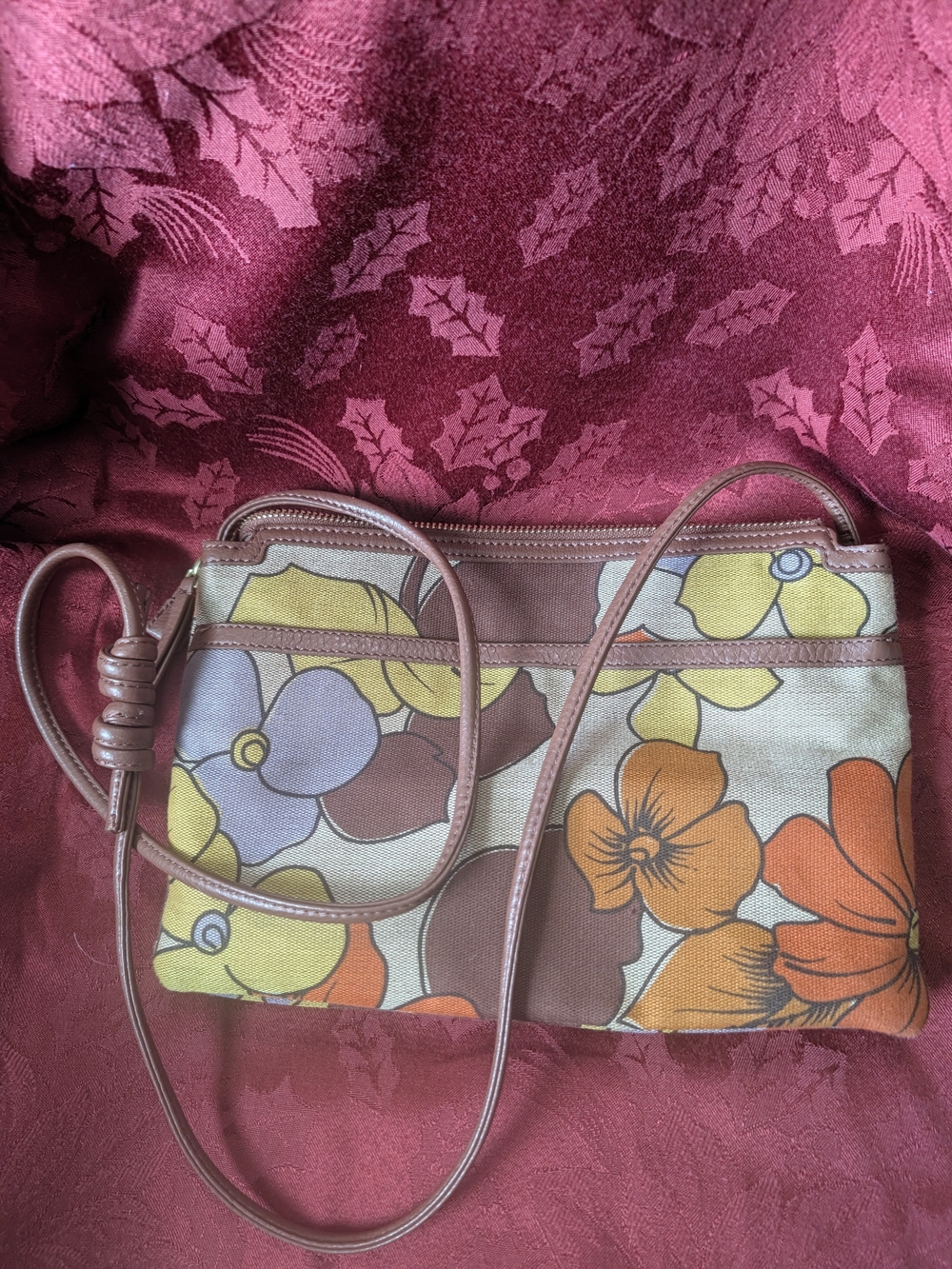 Floral Canvas Crossbody Bag in Brown and Orange